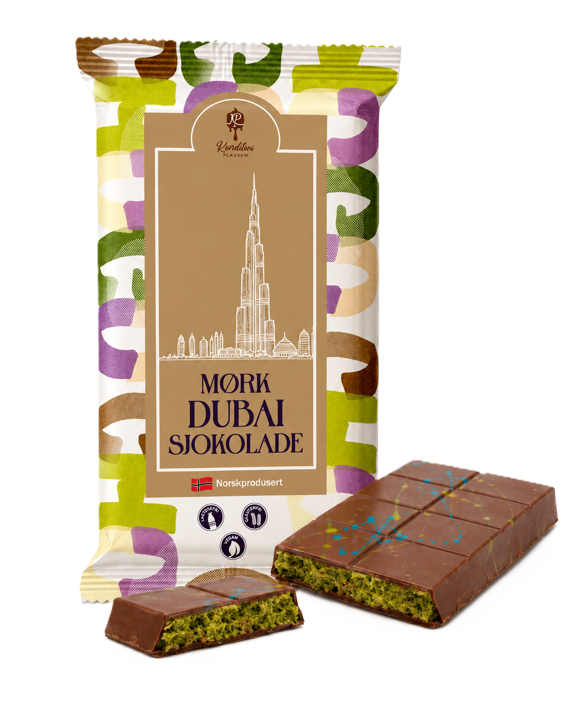 Økologisk mørk Dubaisjokolade 200 g med 70 % kakao og pistasj